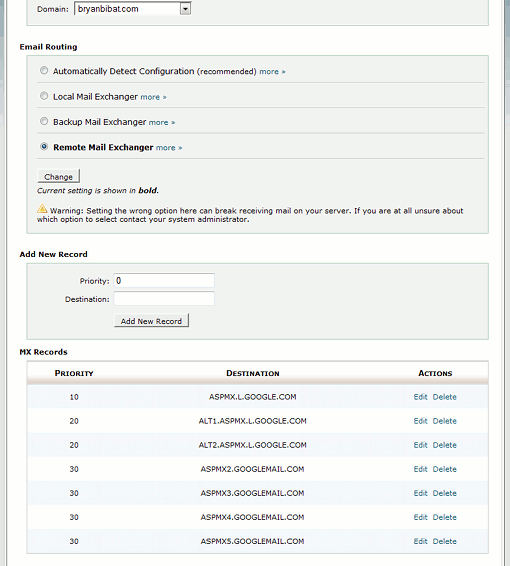 MX entries at cPanel